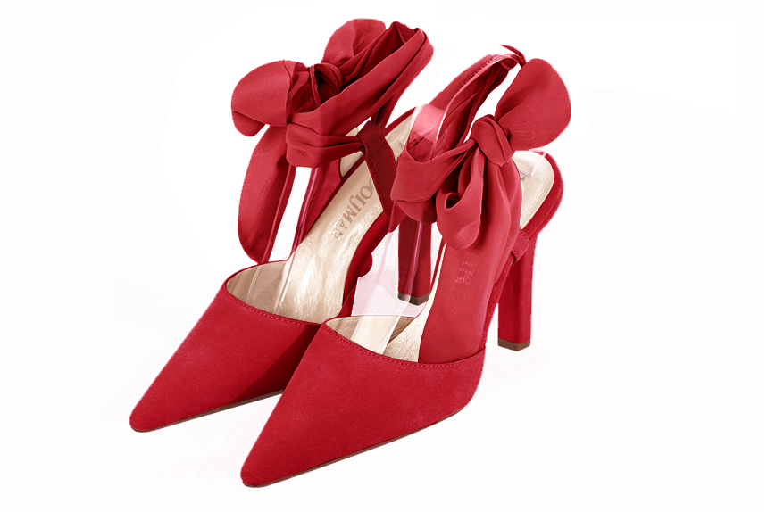 Cardinal red women's open back shoes, with an ankle scarf. Pointed toe. Very high slim heel. Front view - Florence KOOIJMAN